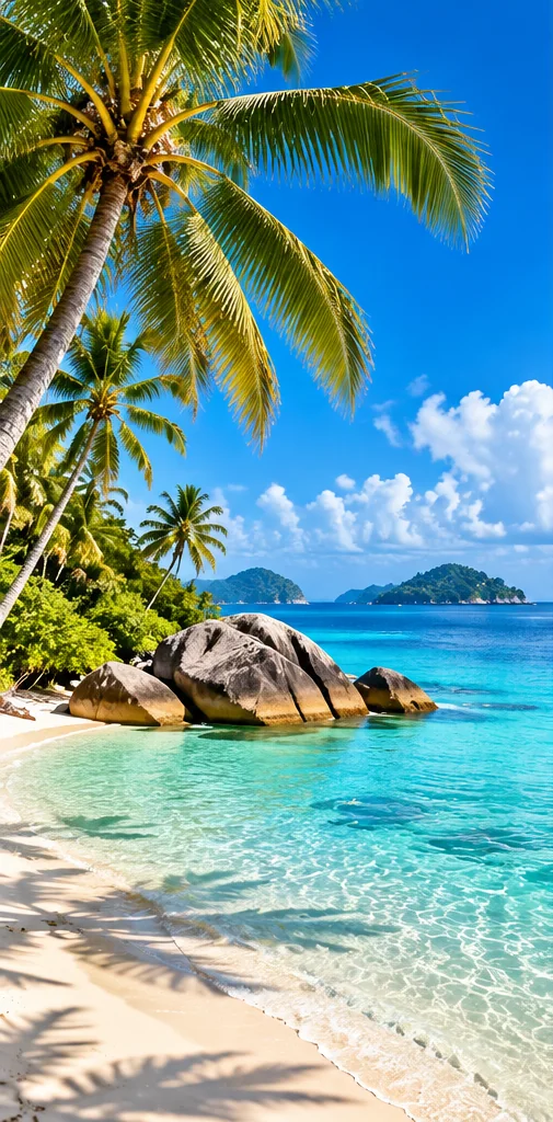 Солнечный тропический пляж с пальмами и бирюзовой водой